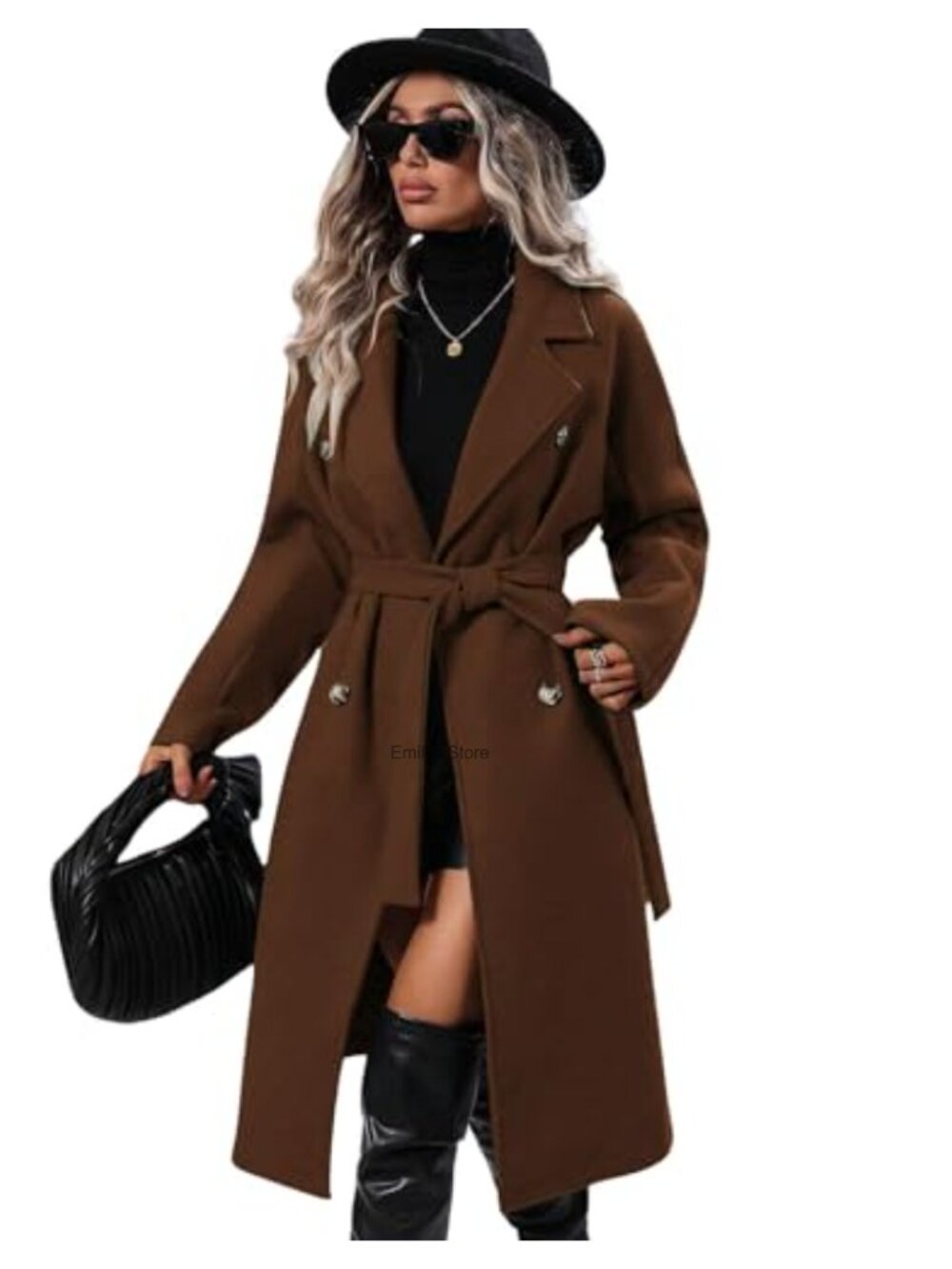 Womens Long Wool Blend Pea Coat Notched Lapel Double Breasted Belted Winter